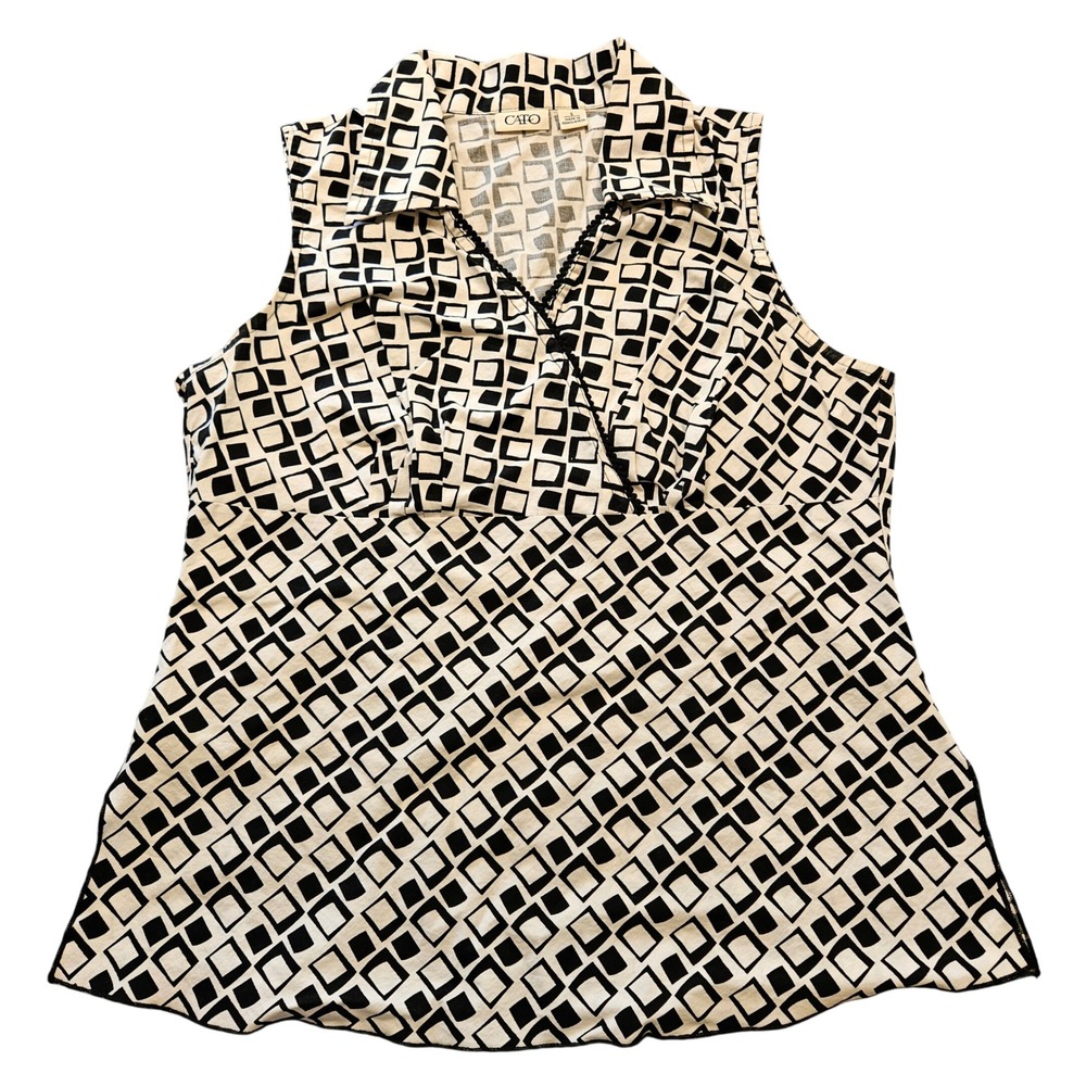 Cato Sleeveless Geometric Square Print Blouse V-Neck Black Cream Small